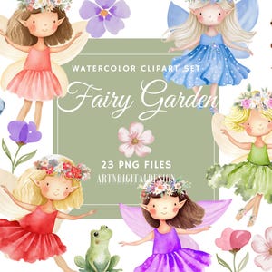 Clipart de Jardim de Fadas em Aquarela, Arquivos PNG, Floresta Encantada, Decoração de Berçário com Fadas Mágicas e Fofas, Download Digital
