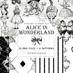 Vintage Black and White Alice&#39;s Adventures in Wonderland PNG Clipart, Digital Papers, Chesire Cat Mad Hatter Queen of Hearts, Commercial Use