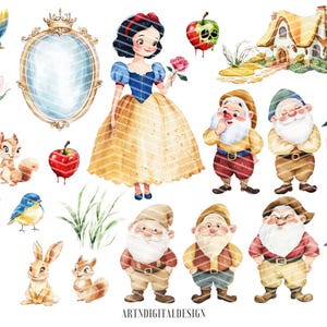 Snow White Clipart Bundle | Watercolor PNGs | Digital Download | Fairytale Princess Party & Nursery Decor | Seven Dwarfs, Poisoned Apple image 2