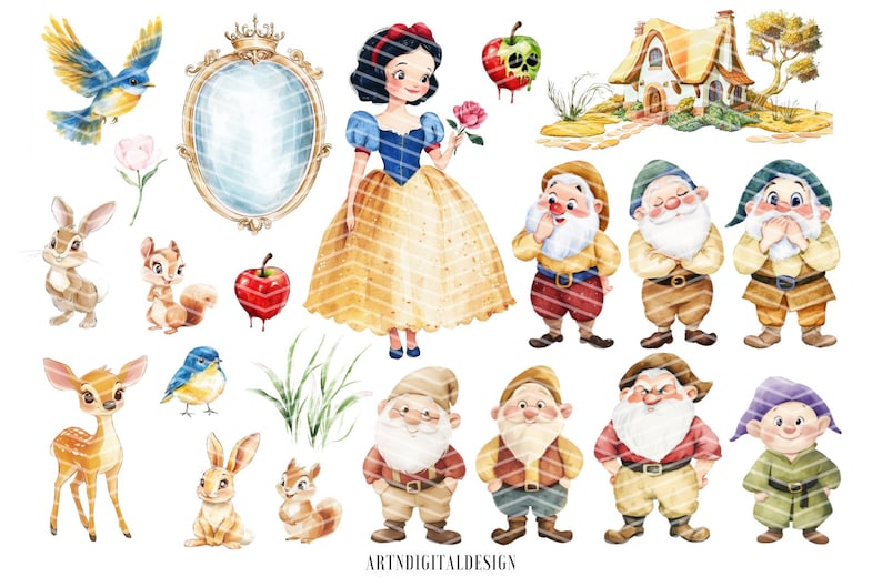Snow White Clipart Bundle | Watercolor PNGs | Digital Download | Fairytale Princess Party & Nursery Decor | Seven Dwarfs, Poisoned Apple image 2