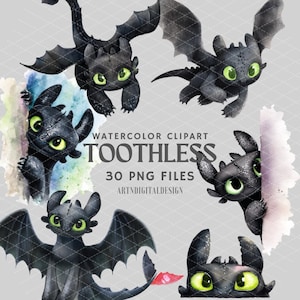 Watercolor Toothless PNG Clipart Bundle | Night Fury Clip Art | How To Train Your Dragon | Fantasy Birthday Party Decor | Digital Download