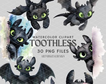 Watercolor Toothless PNG Clipart Bundle | Night Fury Clip Art | How To Train Your Dragon | Fantasy Birthday Party Decor | Digital Download