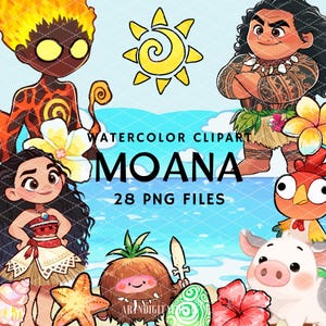 Moana Watercolor Line Art Clipart Set, Cute Moana Princess PNG Graphics, Handdrawn Clip Art, Cute Kids Art, Commercial Use