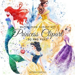 Watercolor Princess Clipart: Snow White, Ariel, Belle, Cinderella, Rapunzel, Splashes Decor (PNG, Digital Download)