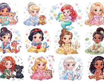 May include: A collection of colorful digital illustrations featuring baby versions of Disney princesses. Each princess is depicted with a friendly animal companion, surrounded by bubbles and floral accents. The princesses are wearing dresses in their signature colors.