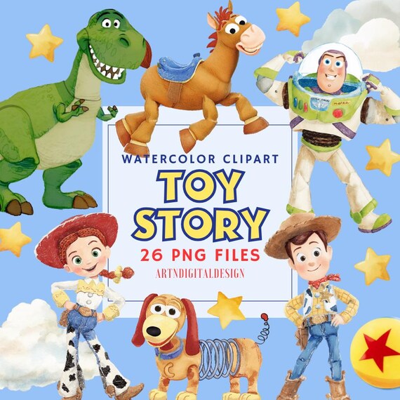 Watercolor Toy Story PNG Clipart, Woody, Jessie, Alien, Buzz Lightyear, Forky, Slinky, Rex, Bo Peep, Mr and Mrs Potato, Birthday Party Decor