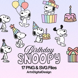 Puede incluir: Una colección de ilustraciones de Snoopy en varias poses, celebrando un cumpleaños. Snoopy se muestra con globos, un pastel y sombreros de fiesta. También se incluye el texto "Birthday Snoopy" y "17 PNG & SVG Files".