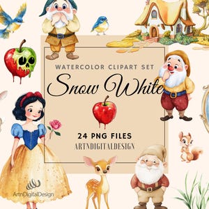 Aquarell Schneewittchen Clipart, Kinderzimmer süße Prinzessin PNG, sieben Zwerge, Cottage, Vögel, vergifteter Apfel, kommerzielle Nutzung