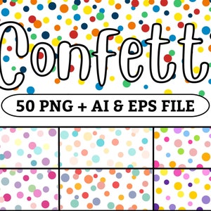 Confeti digital, 50 PNG + AI + EPS, clipart, borde de confeti, puntos de arcoíris, fiesta, vector