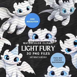 Watercolor Light Fury PNG Clipart Bundle | White Dragon Clip Art | How To Train Your Dragon, Fantasy Birthday Party Decor | Digital Download