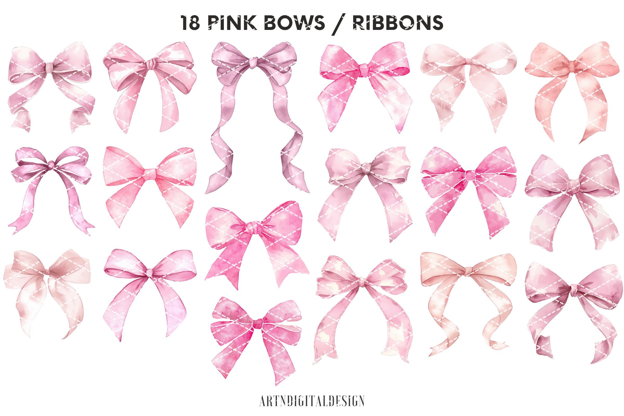 Watercolor Pink Coquette Ribbon Clipart: Soft Pastel Bow Graphics ...