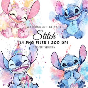 14 Stitch and Angel Splash Watercolor Clipart, PNG Digital Design, High Resolution, Sublimation, Commercial Use