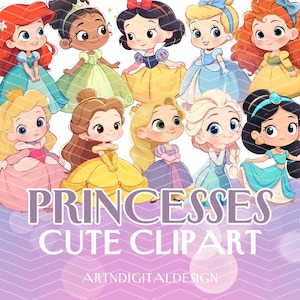かわいいプリンセスの水彩クリップアートセット | 赤ちゃんプリンセス PNG | 誕生日パーティーの装飾 | 小さなプリンセスの手描き漫画 | 幼児のプリンセス