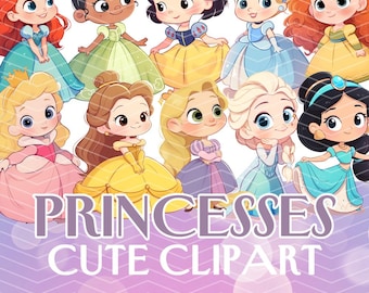 Puede incluir: Ilustración digital de princesas de dibujos animados con vestidos coloridos. Incluye el texto "PRINCESSES CUTE CLIPART". Las princesas tienen ojos grandes y sonríen. El fondo es un degradado de morado y blanco.