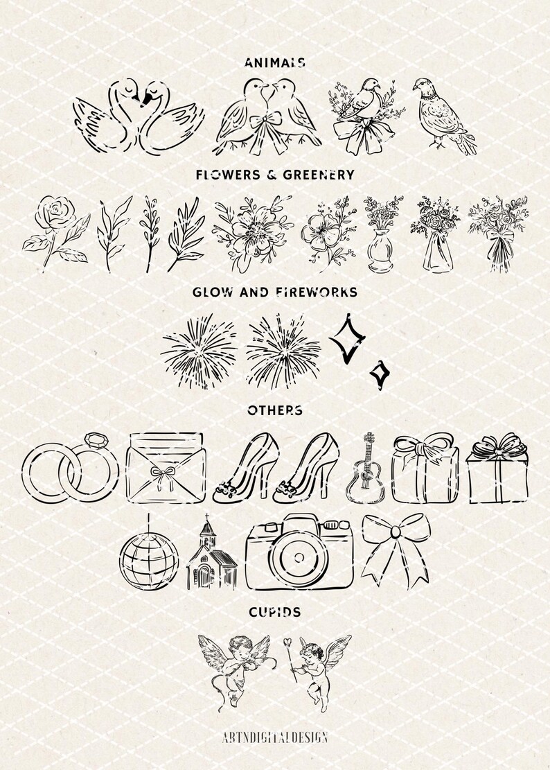 Whimsical Handdrawn Wedding SVG PNG Clipart Bundle, Illustrations for Invitations, Icons, Menu, Wavy Squiggle, Commercial Use image 3