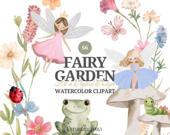 Watercolor Magical Fairies Garden Clipart, Cute Fairy PNG Clip Art, First Birthday Party, Nursery Decor, Fairytale House, Magical Forest