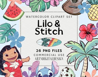 Zestaw clipartów Lilo i Stitch, urocze pliki PNG Lilo i Stitch, Lilo, Stitch, Anioł, ręcznie rysowana sztuka haftu, Lilo i Stitch, materiał PNG POD