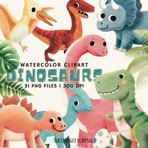 Clipart de dinosaurios en acuarela, lindos dinosaurios PNG, decoración de baby shower, fiesta de cumpleaños infantil de dinosaurios, T-Rex, Triceratops, uso comercial