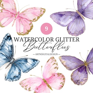 Clipart de borboleta com glitter digital fofo em aquarela, PNG, ilustração de primavera, asas, borboletas pastéis, rosa, roxo, azul, prata, dourado
