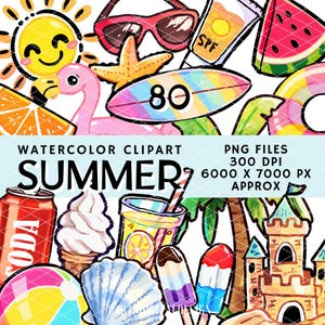Summer Beach Clipart, Watercolor Pool Party Clip art, Beach Party Decor, Cute Summer Graphics, Fun Summertime Digital Bundle, Commercial Use