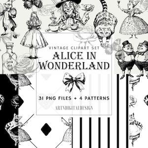 vintage noir et blanc Alice au pays des merveilles PNG Clipart, papiers numériques, Chesire chat chapelier fou reine de coeur, scrapbooking, usage Commercial