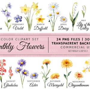 Watercolor Birth Month Flowers Clipart, Antique Floral PNG bundle, Birthday Clipart, Birth Month Flowers, Flower Graphic, Commercial Use