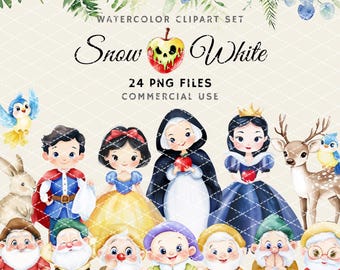 Watercolor Snow White Clipart, Nursery Cute Princess PNG, Seven Dwarfs, Evil Queen, Prince, Magic Mirror, Poisoned Apple