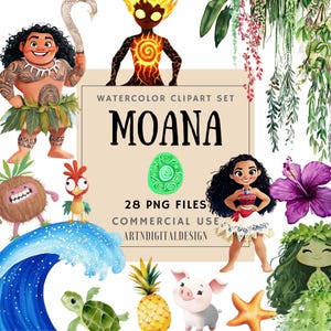 Clipart Moana dell'acquerello, scuola materna polinesiana carina principessa PNG, Maui, Te Ka, Te Fiti, Pua, Hei Hei, uso commerciale di clipart di compleanno hawaiano