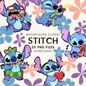 Stitch Watercolor Line Art Clipart Set, Lilo & Stitch, Cute Stitch PNG, Angel, Handdrawn Stitch, Cute Kids Art