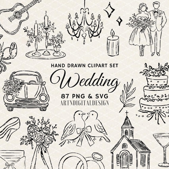 Whimsical Handdrawn Wedding SVG PNG Clipart Bundle, Illustrations for Invitations, Icons, Menu, Wavy Squiggle, Commercial Use