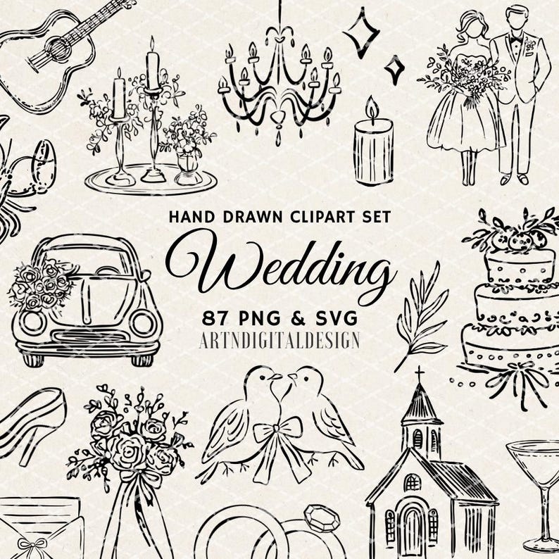 Whimsical Handdrawn Wedding SVG PNG Clipart Bundle, Illustrations for Invitations, Icons, Menu, Wavy Squiggle, Commercial Use image 1
