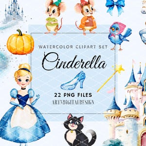 Watercolor Cute Cinderella Clipart, Princess PNG, Cute Princess, Nursery Illustrations, Glass Slipper, Castle, Pumpkin Carriage