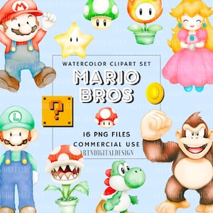 Super Mario Bros Clipart PNG, Watercolor Cute Decor, Hand drawn Illustrations, Mario, Luigi, Peach, Bowser, Donkey Kong
