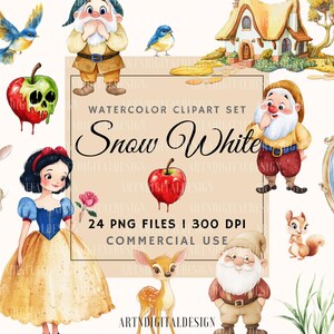 Aquarel sneeuwwitje clipart, kinderkamer schattige prinses png, zeven dwergen, huisje, vogels, vergiftigde appel, commercieel gebruik
