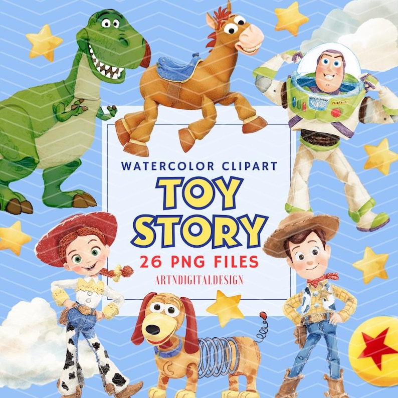 Akwarela Toy Story PNG Clipart, Woody, Jessie, Obcy, Buzz Lightyear, Forky, Slinky, Rex, Bo Peep, Pan i Pani Ziemniak, Dekoracja na przyjęcie urodzinowe zdjęcie 1
