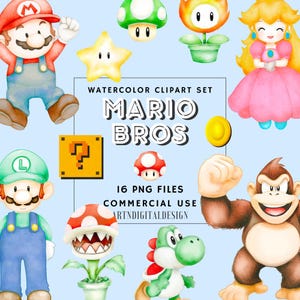 Imágenes prediseñadas de Super Mario Bros. PNG, decoración de acuarela, ilustraciones dibujadas a mano, Mario, Luigi, Peach, Bowser, Donkey Kong, uso comercial