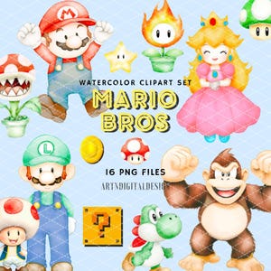 Imágenes prediseñadas de Super Mario Bros. PNG, decoración de acuarela, ilustraciones dibujadas a mano, Mario, Luigi, Peach, Bowser, Donkey Kong, uso comercial