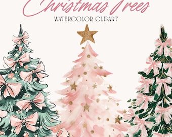 Christmas Tree Clipart Bundle | Pink Watercolor Christmas Trees with Bows, Hand Drawn, Coquette PNG Sublimation Designs, Whimsical Doodle