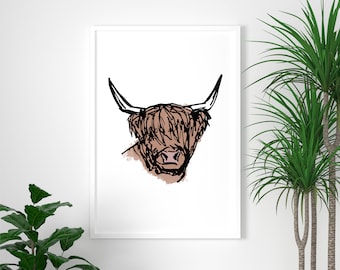 Highland Cow watercolour art print | Scottish cow | hairy coo | highland cow gift | highland cattle home decor | nursery wall art