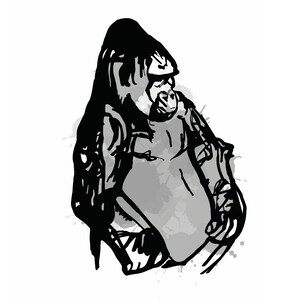 May include: Black and white illustration of a gorilla sitting with a watercolor background.