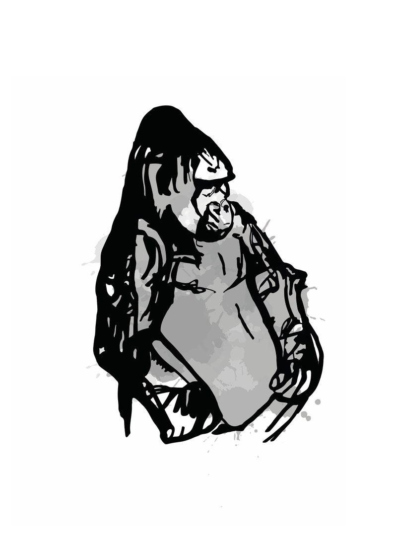 May include: Black and white illustration of a gorilla sitting with a watercolor background.