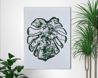 Monstera print painting on canvas with easel | 9 X 12” | tropical wall art | variegated monstera | botanical art | leaf print | original art