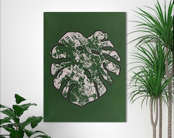 Silver and green monstera print painting on canvas with easel | 9 X 12” | tropical wall art | variegated monstera | botanical | leaf print