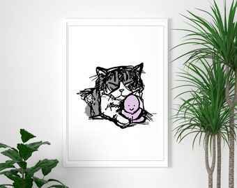 Cat watercolour art print | cat lover gift | cat poster | cat nursery print | munchkin | cute cat print | cat and octopus |  Cat Portrait
