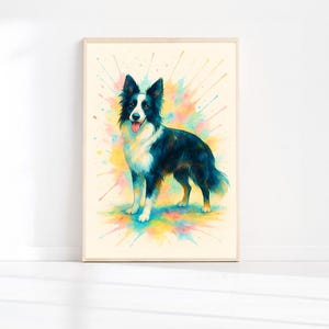 Könnte beinhalten: Gerahmtes Aquarellgemälde eines Border Collie-Hundes. Der Hund ist in Schwarz und Weiß mit rosa Zunge dargestellt, vor einem farbenfrohen Spritzer aus Gelb, Rosa und Blau. Das Kunstwerk wird an einer weißen Wand ausgestellt.