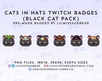Gatos con sombreros - Black Cat Pack / Twitch Badge Pixel Art Cat / P2U Twitch Sub Badges, Bit Badges / Pixel Art Badges for Streaming