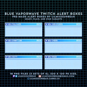 6 Twitch Alerts | Vapor Wave Blue | P2U Static Alerts | New Follower, Subscriber, Donation, Cheer, Host, Raid | Pixel Art Streaming Alert