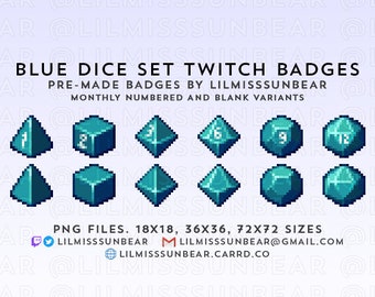 DnD TTRPG Teal Blue Dice Set | P2U Twitch Sub Badges, Bit Badges | Pixel Art Badges for Streaming