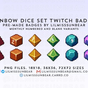 Puede incluir: Un conjunto de 12 insignias de Twitch de dados arcoíris. Los dados son pixelados y tienen los números del 1 al 12. Las insignias están disponibles en tamaños de 18x18, 36x36 y 72x72. El texto "Rainbow Dice Set Twitch Badges" está en la parte superior de la imagen. El texto "Pre-made badges by LilmissSunbear" está debajo del título. El texto "Monthly numbered and blank variants" está debajo del texto anterior. El texto "PNG files. 18x18, 36x36, 72x72 sizes" está en la parte inferior de la imagen. El texto "LilmissSunbear@gmail.com" está debajo del texto anterior. El texto "LilmissSunbear.carrd.co" está debajo del texto anterior.