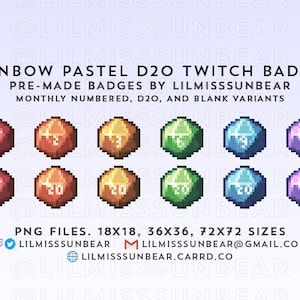 Puede incluir: Un conjunto de 12 insignias de Twitch de color pastel que presentan un dado de 20 caras en varios diseños de pixel art. Las insignias están numeradas del 1 al 12 y 20. El texto "RAINBOW PASTEL D20 TWITCH BADGES" está en la parte superior de la imagen. El texto "PRE-MADE BADGES BY LILMISSSUNBEAR" está debajo de las insignias. El texto "MONTHLY NUMBERED, D20, AND BLANK VARIANTS" está debajo de la segunda línea de texto. El texto "PNG FILES. 18X18, 36X36, 72X72 SIZES" está en la parte inferior de la imagen. El texto "LILMISSSUNBEAR@GMAIL.COM" está debajo de la primera línea de texto. El texto "LILMISSSUNBEAR.CARRD.CO" está debajo de la segunda línea de texto.